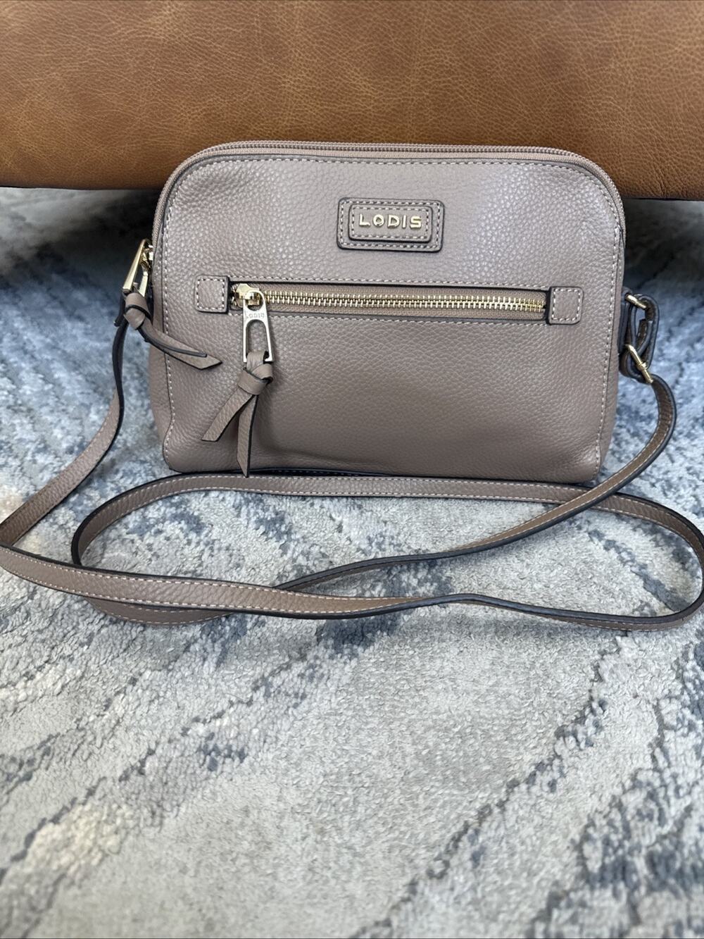 Lodis Charlotte Pebbled Leather Crossbody Handbag/Purse - Taupe